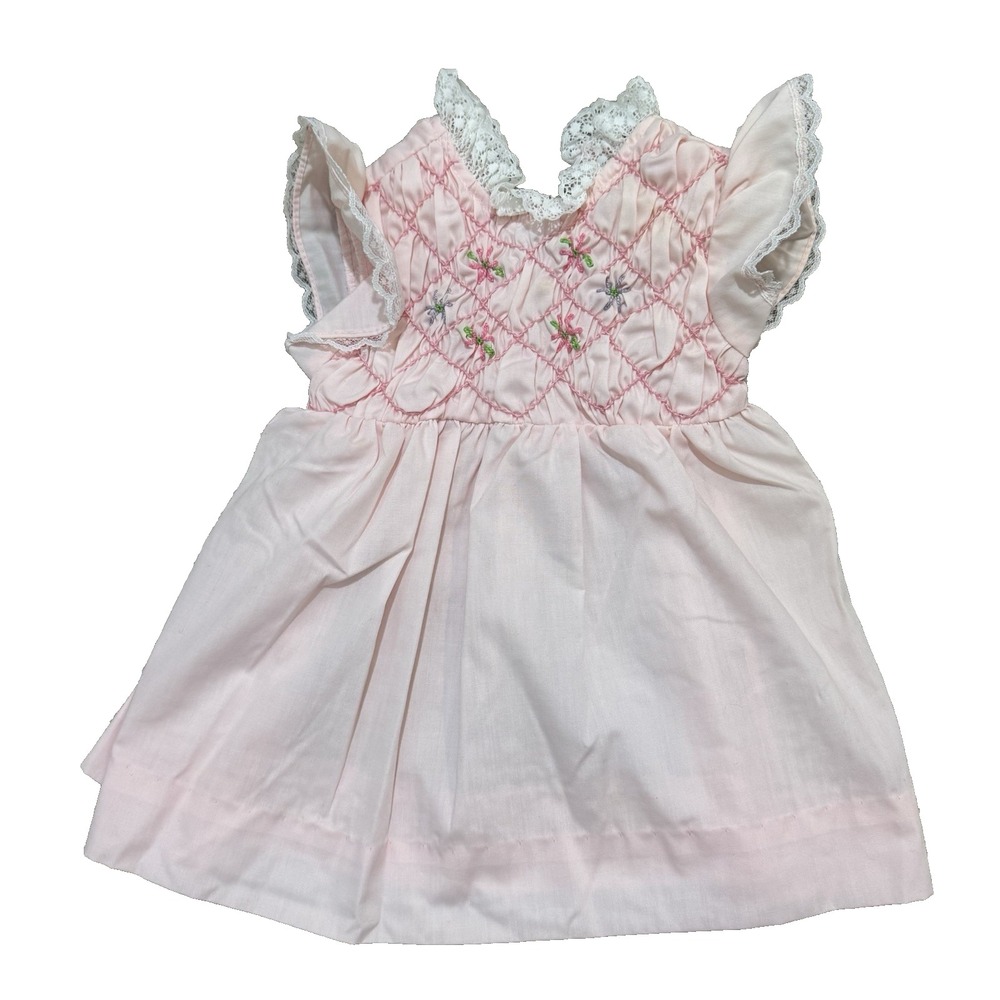 Hand Smocked By‎ Pioneer Short Seeve Smock Dress Vintage Toddler Pink